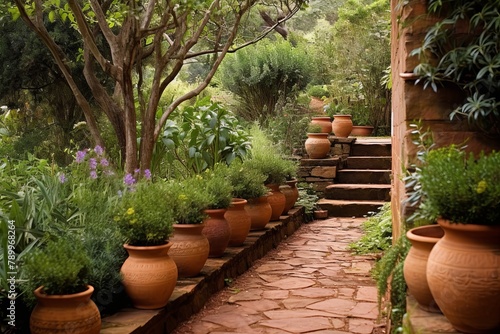 Tuscan Herbalist Terrace Gardens: Stone Pathway & Terracotta Urns Amid Herbal Plant Beds © Michael
