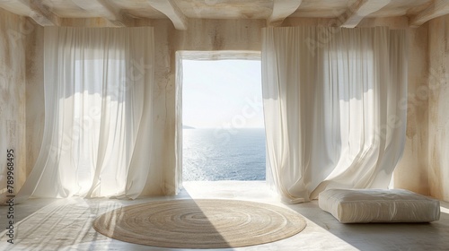 A white room with a view of the ocean. The curtains are open, letting in the sunlight and the sound of the waves. The room is empty, with a rug in the center and a pillow on the floor