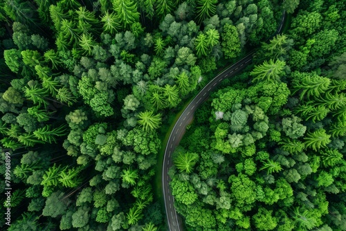 Drone captures eco-friendly transport on forest highway, with hydrogen truck and electric car in motion.. Beautiful simple AI generated image in 4K, unique. © ArtSpree