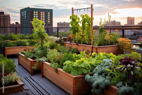 Urban Rooftop Vegetable Garden Retreat: Seating Area & Relaxation Spot with City Views
