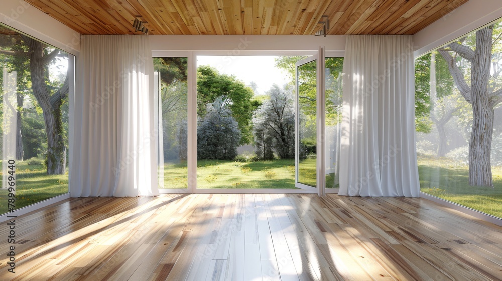 A large open space with a view of trees and a grassy area. The room is filled with natural light and has white curtains
