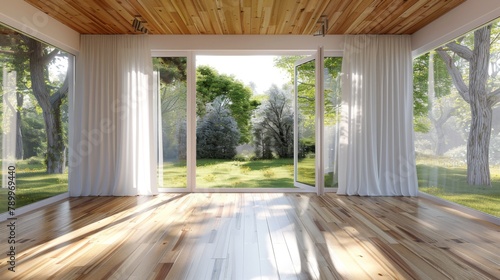 A large open space with a view of trees and a grassy area. The room is filled with natural light and has white curtains © Bouchra