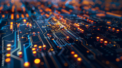 a computer circuit board showing intricate pathways and electronic components ,Circuit board close up ,Technology background