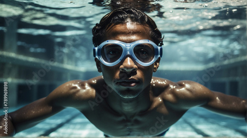 The young African American man, dark-skinned, wearing swim goggles, is swimming underwater in a pool