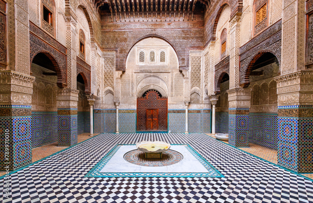 Fez or Fes, Morocco. Courtyard of the Al-Attarine Madrasa.
