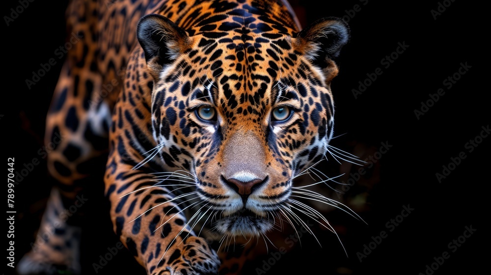 Obraz premium A tight shot of a leopard's face against a black backdrop, its visage slightly blurred