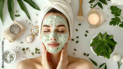 Relaxing home spa day, woman self-applying a gentle facial peel, surrounded by natural ingredients and spa accessories