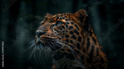   A tight shot of a leopard's face with trees in the background © Mikus
