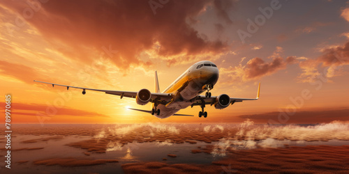 Airplane flying in the colorful sunset sky among clouds and other aircraft