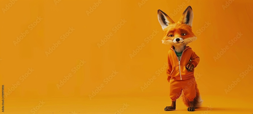 fox in black glasses in a tracksuit on an orange background. generative ai - obrazy, fototapety, plakaty 