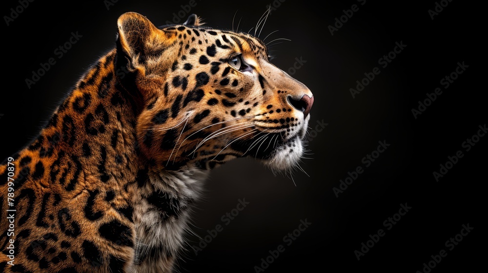 Fototapeta premium A tight shot of a leopard's face against a black backdrop, head slightly tilted to the left
