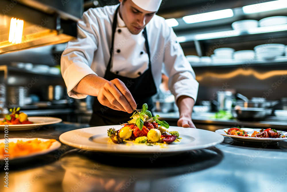 Chef plating a gourmet dish in a restaurant kitchen, skilled hands and artistic presentation, culinary artistry