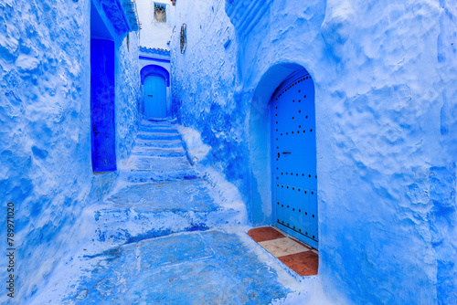 Chefchaouen, Morocco. The old walled city, or medina with its traditional houses painted in blue and white.