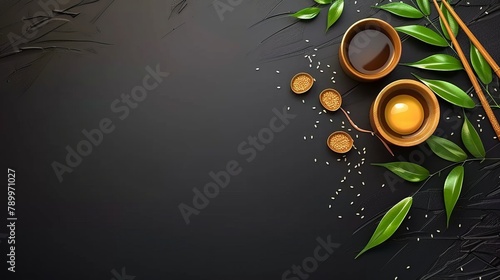  A black backdrop featuring a teacup with two spoons and green leaves nearby
