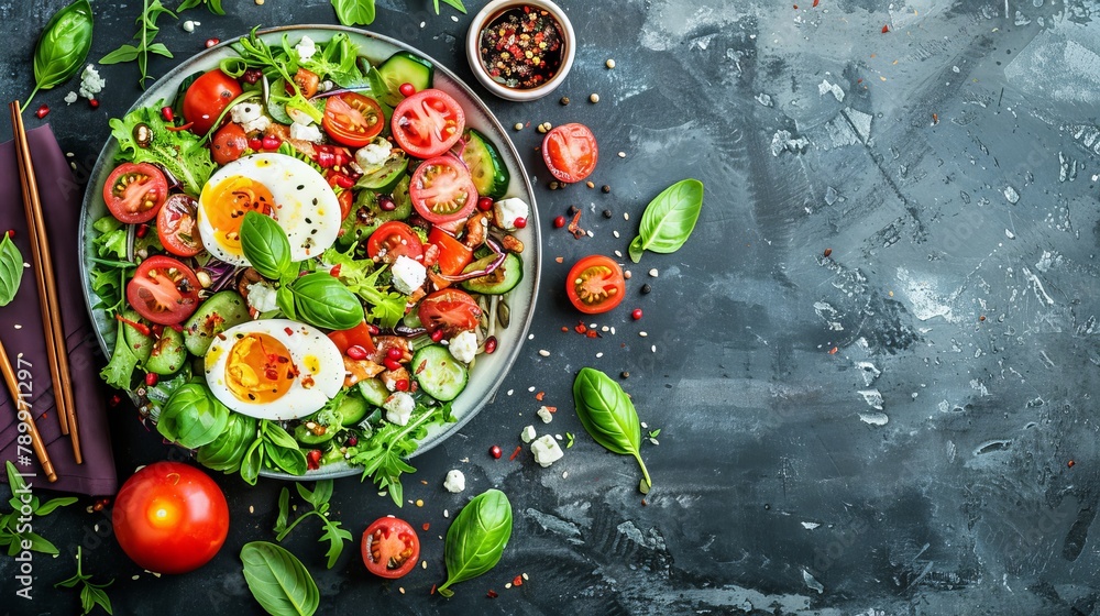 A salad with hard-boiled eggs, tomatoes, lettuce, spinach on a plate Nearby, chopsticks stand ready A salad with hard-boiled eggs, tomatoes, lettuce, spinach on a plate Nearby, chopsticks stand ready