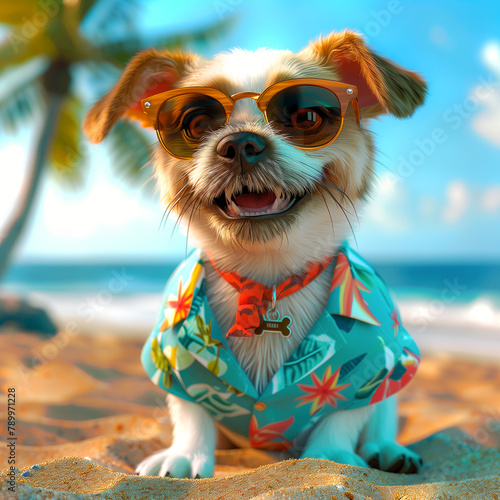 Wallpaper Mural Portrait of happy dog wear summer shirt and sunglasses on beach background Torontodigital.ca