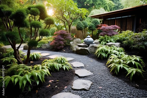Tranquil Zen Meditation Garden: Minimalist Design with Peaceful Greenery and Rock Garden