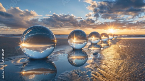 Sunrise Orbs Glass Spheres Reflecting Sky and Sea on Beach