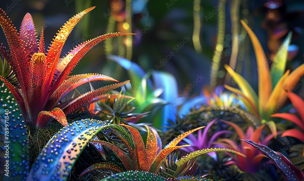 Capture a detailed, photorealistic long shot of a rare plant collection in a digital rendering technique, showcasing vibrant, otherworldly colors Capture a detailed, photorealistic long shot of a rare plant collection in a digital rendering technique, showcasing vibrant, otherworldly colors