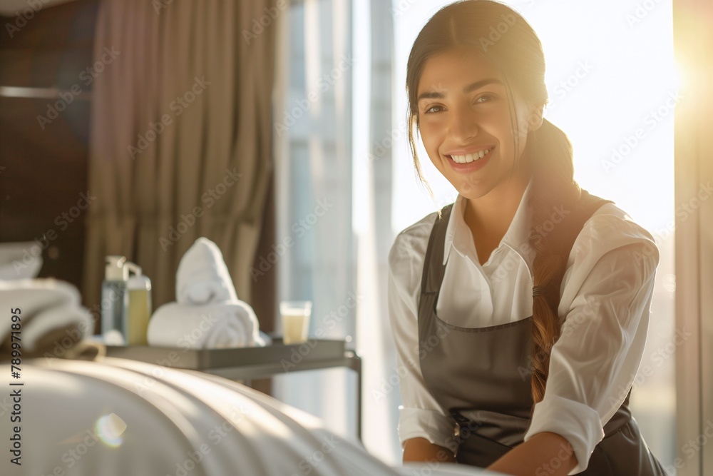 Smiling Latina chambermaid preparing the bed in a hotel room bathed in sunlight, Horizontal photography (3:2) Smiling Latina chambermaid preparing the bed in a hotel room bathed in sunlight, Horizontal photography (3:2)