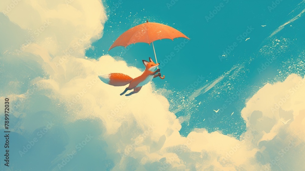 Obraz premium A playful scene captured through a 2d illustration shows a young fox joyfully soaring through the skies on an umbrella