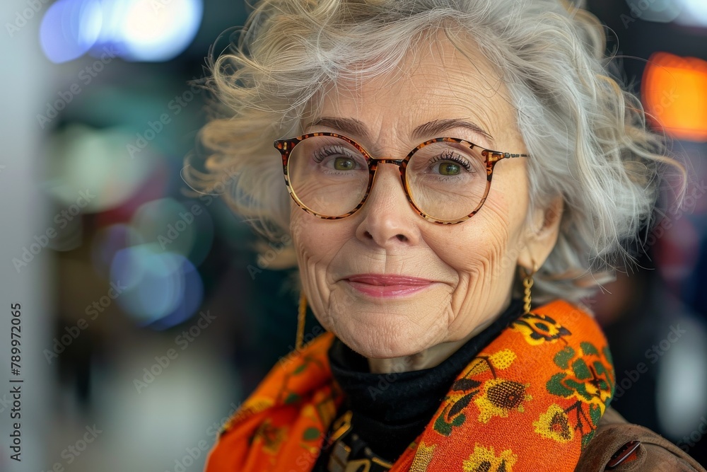 A radiant elderly lady with short gray hair smiles warmly wearing chic glasses and a vibrant patterned scarf A radiant elderly lady with short gray hair smiles warmly wearing chic glasses and a vibrant patterned scarf
