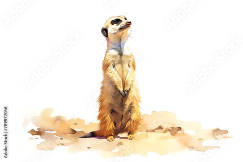 A minimalist watercolor of a meerkat standing alert, its slender form upright and watchful, desert sands and sky blues, white background, vivid watercolor, 100 isolate