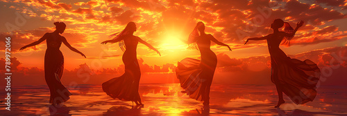 A silhouette shot of a synchronized dance team performing against a stunning sunset backdrop, Party people silhouette on sunset Evening happy beach company.
 photo