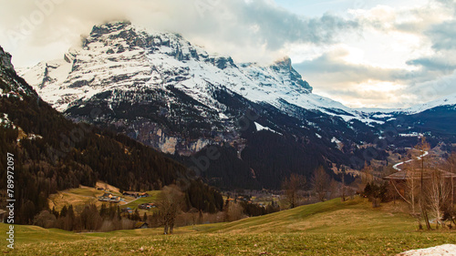 Alpine view on a cloudy spring day at Grindelwald, Interlaken-Oberhasli, Bern, Switzerland