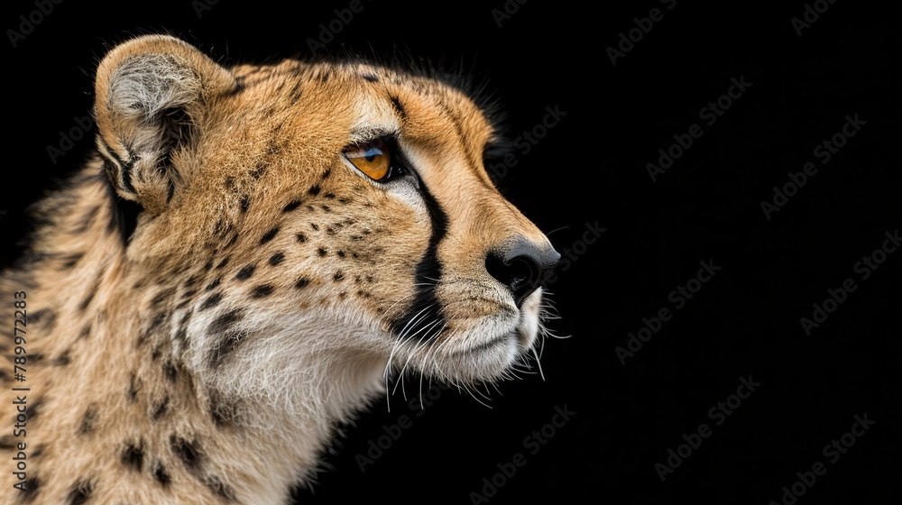 A tight shot of a cheetah's expressive face against a black backdrop, its features softened by a gentle blur A tight shot of a cheetah's expressive face against a black backdrop, its features softened by a gentle blur