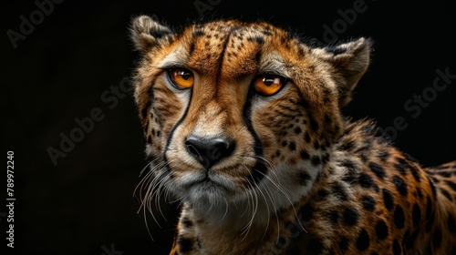  A tight shot of a cheetah's face, showcasing an intensive gaze towards its left side