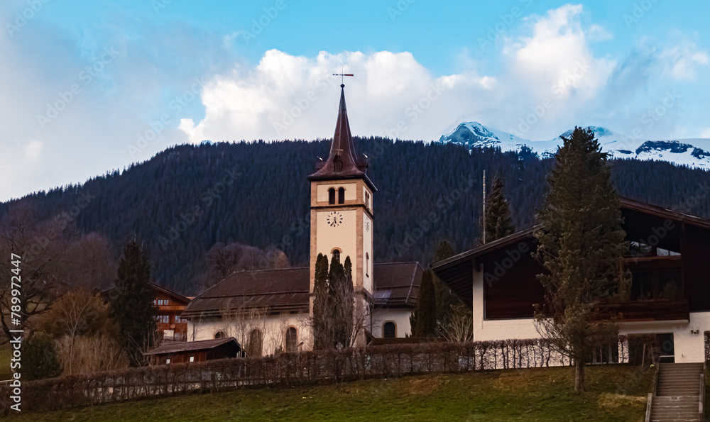 Church on a cloudy spring day at Grindelwald, Interlaken-Oberhasli, Bern, Switzerland