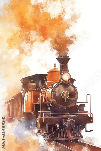 A playful depiction of an Indian railway adventure, featuring steam locomotives and scenic routes, earthy tones and warm oranges, white background, vivid watercolor, 100% isolate