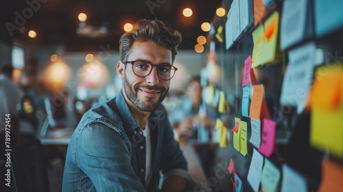 Young professional man smiling at the camera, surrounded by colorful sticky notes during a creative brainstorming session.