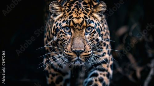  A tight shot of a leopard's eye in the dark, illuminated by the camera flash