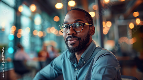 African American businessman with glasses looking confidently ahead in a vibrant modern office atmosphere.