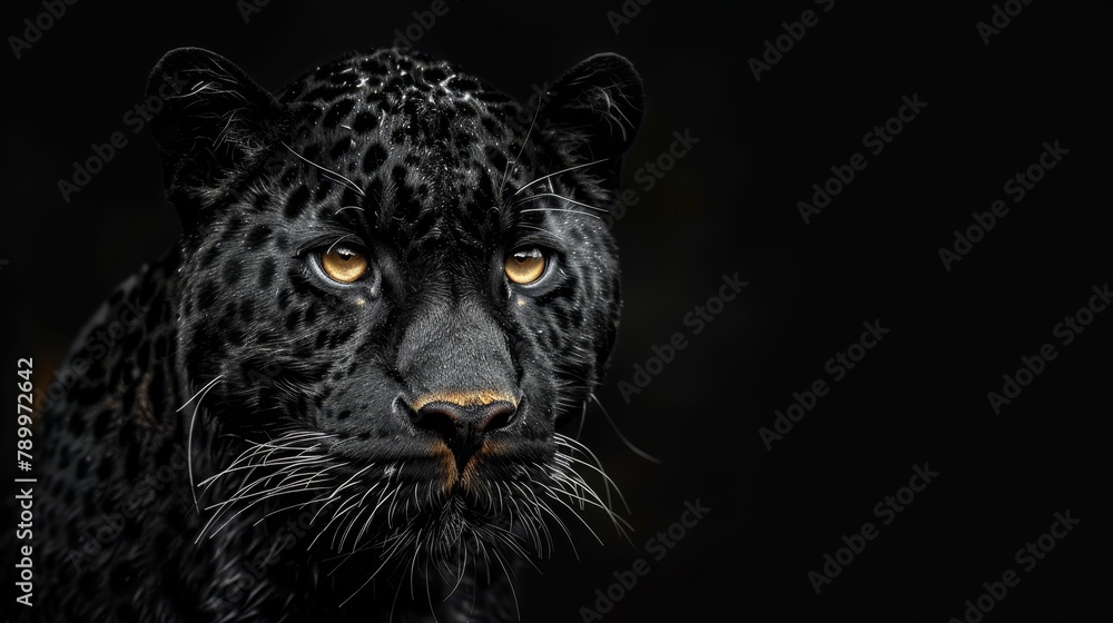   A tight shot of a black leopard's face, displaying a yellow, expressive gaze