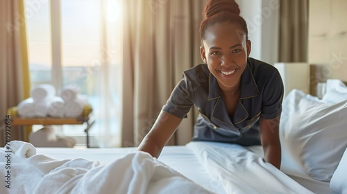 Smiling black woman chambermaid in uniform preparing the bed in a hotel room, professional resort employee, Horizontal (16:9)