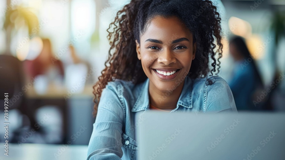 A woman sitting in front of a laptop computer, smiling as she works in an office setting A woman sitting in front of a laptop computer, smiling as she works in an office setting