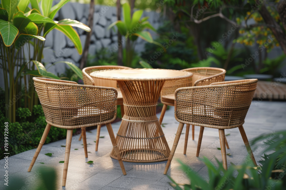 Obraz premium Dining area offers serene sanctuary among nature splendor. Surroundings envelop gathering at table in wicker wooden armchairs fostering connection with natural world