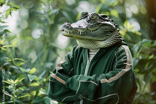 crocodile in a tracksuit on a nature background. business style. businessman. generative ai
