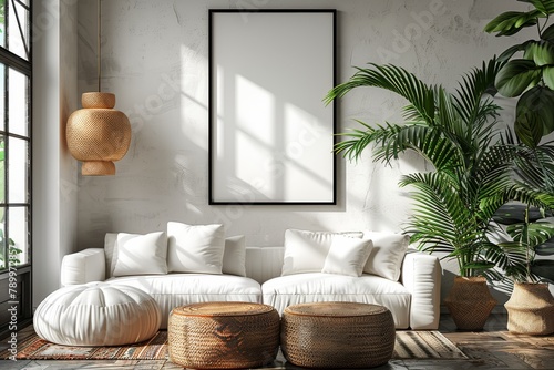 A chic white living room adorned with tropical plants  featuring textured walls and natural fiber poufs