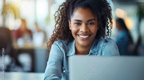 A woman sitting in front of a laptop computer, smiling as she works in an office setting