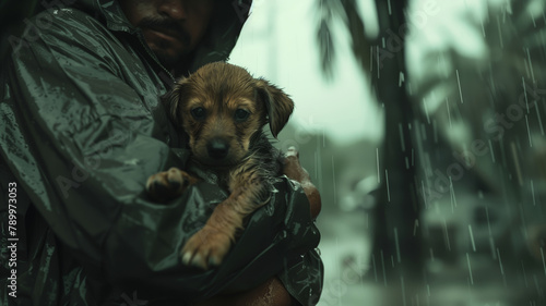 A black man holds a small dog in his arms during a thunderstorm and hurricane. The dog is wet, and the man is wearing a raincoat