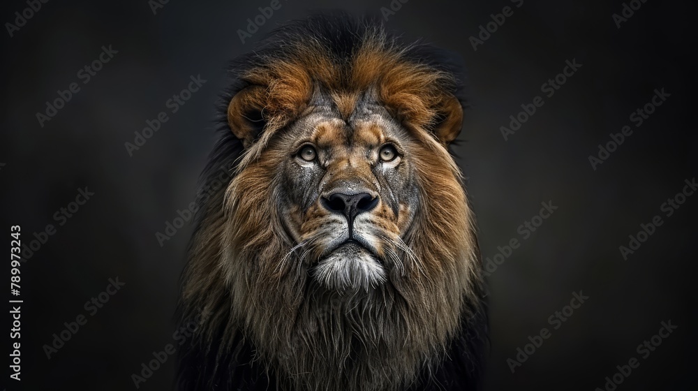   A tight shot of a lion's expressive visage against a pitch-black backdrop, its features softened by a subtle blur effect