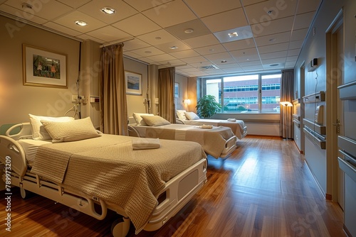 A well-equipped  twin-bed hospital room prepared to welcome and care for patients in need