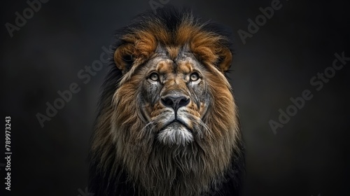  A tight shot of a lion's expressive visage against a pitch-black backdrop, its features softened by a subtle blur effect