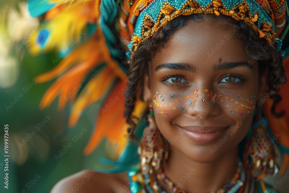 Portrait of a young woman displaying a joyful expression, decorated with tribal makeup and feather headdress Portrait of a young woman displaying a joyful expression, decorated with tribal makeup and feather headdress