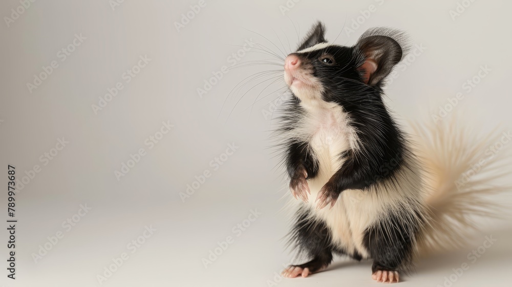 A rat in black and white, stands on hind legs, front paws on hind paws A rat in black and white, stands on hind legs, front paws on hind paws