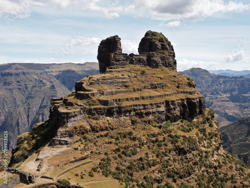 Waqrapukara or Waqra Pukara (horn fortress) is an archaeological site in Peru located in the Cusco Region. At 4,300 metres above sea level, It was built by the Canchis and later conquered by Incas. photo